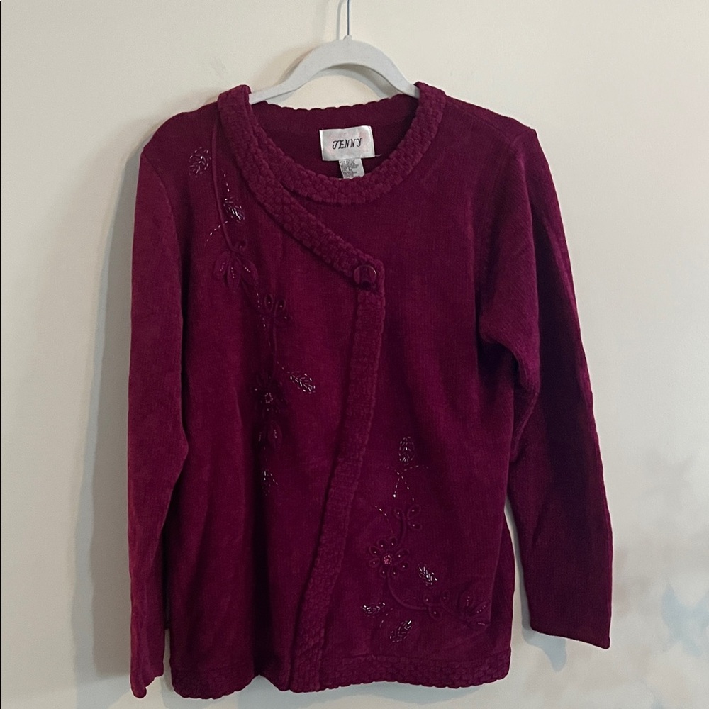 Vintage Jenny Chenille Sweater Top Embellished Beaded Floral Raspberry Magenta